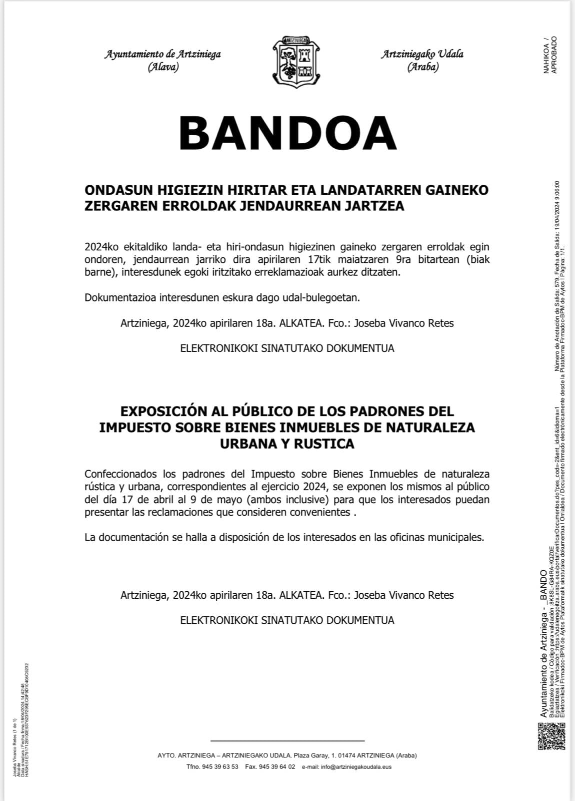 BANDO: EXPOSICIÓN AL PÚBLICO DE LOS PADRONES DEL IMPUESTO SOBRE BIENES INMUEBLES DE NATURALEZA URBANA Y RÚSTICA