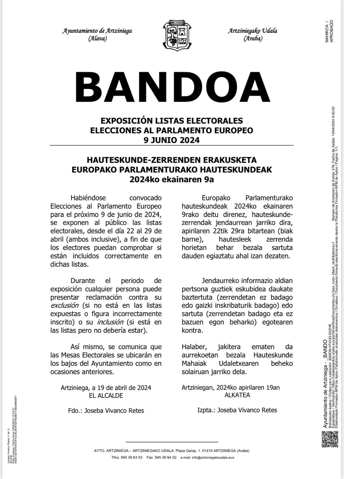 BANDO: EXPOSICIÓN  LISTAS ELECTORALES ELECCIONES AL PARLAMENTO EUROPEO 9 JUNIO 2024