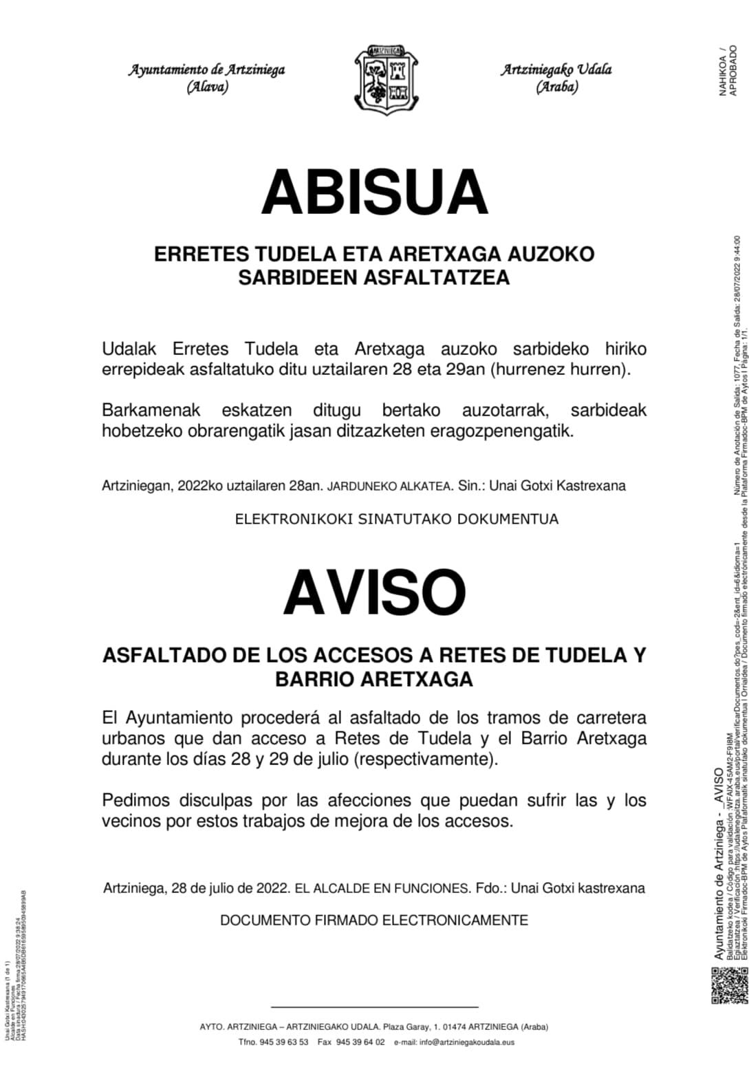 AVISO: Asfaltado de los accesos a Retes de Tudela y Aretxaga