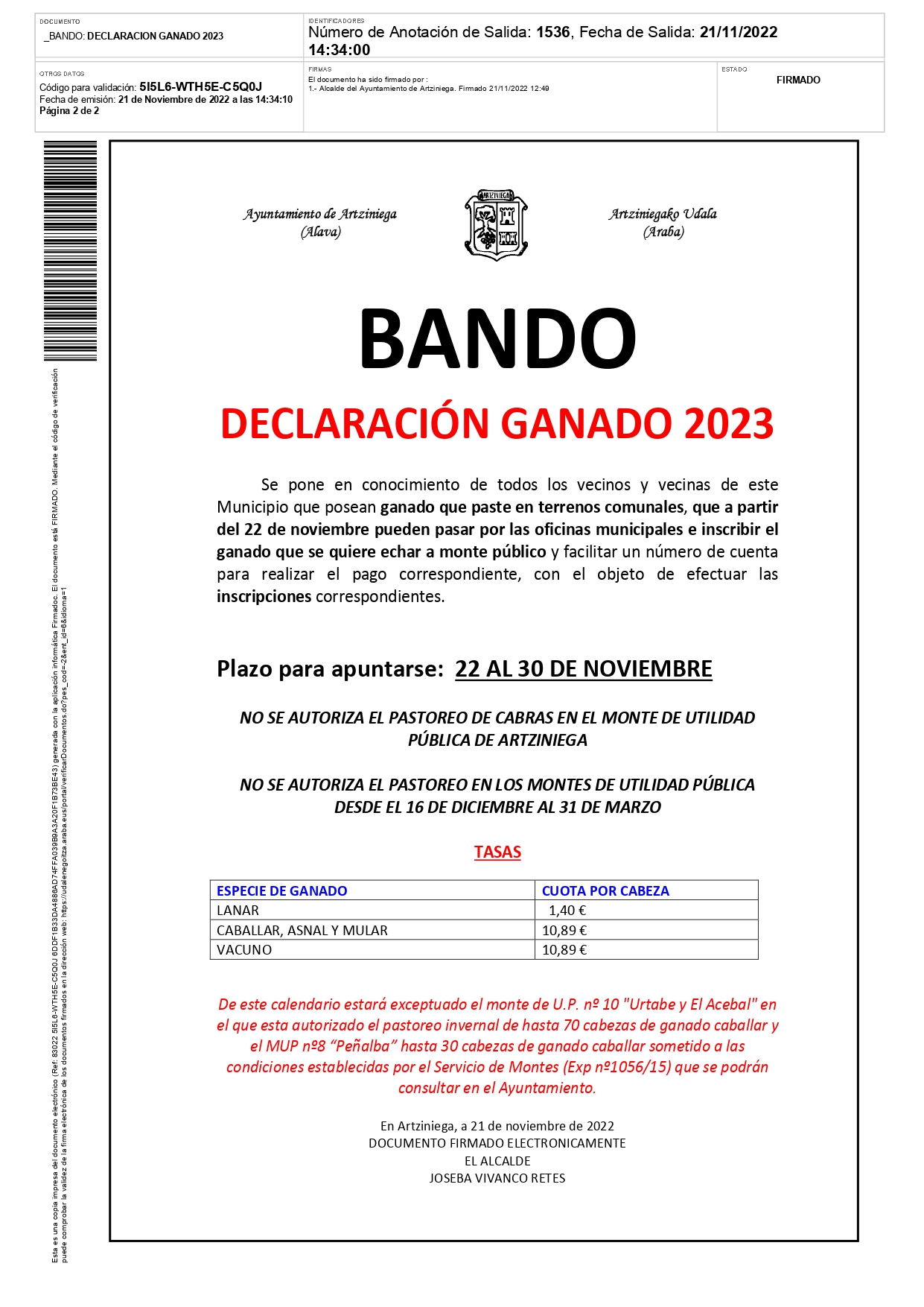 BANDO: DECLARACIÓN DEL GANADO 2023